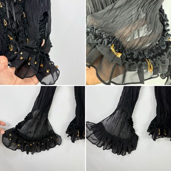 Lucy Collection Black Sheer Ruffle Beaded Tie Front Blouse Top S/M Boho Party - Picture 13 of 16